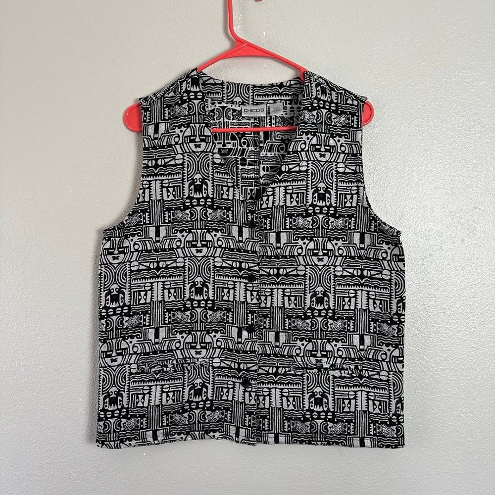 90s? chico's vest with silver and black Aztec print sz M silk/rayon patterned